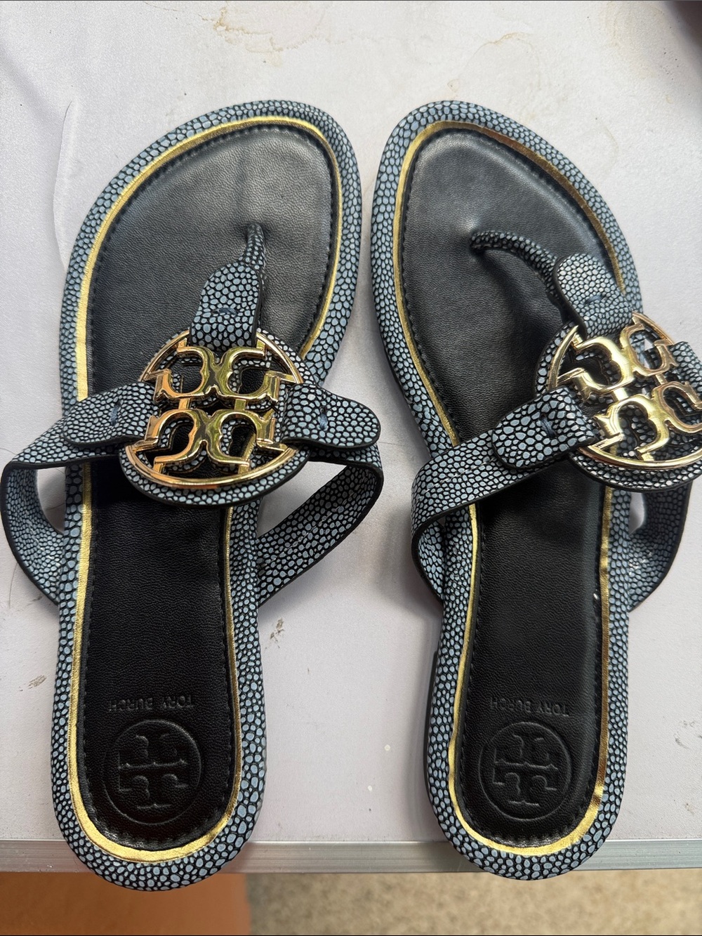 Blue Speckled thong Sandals with Gold Logo